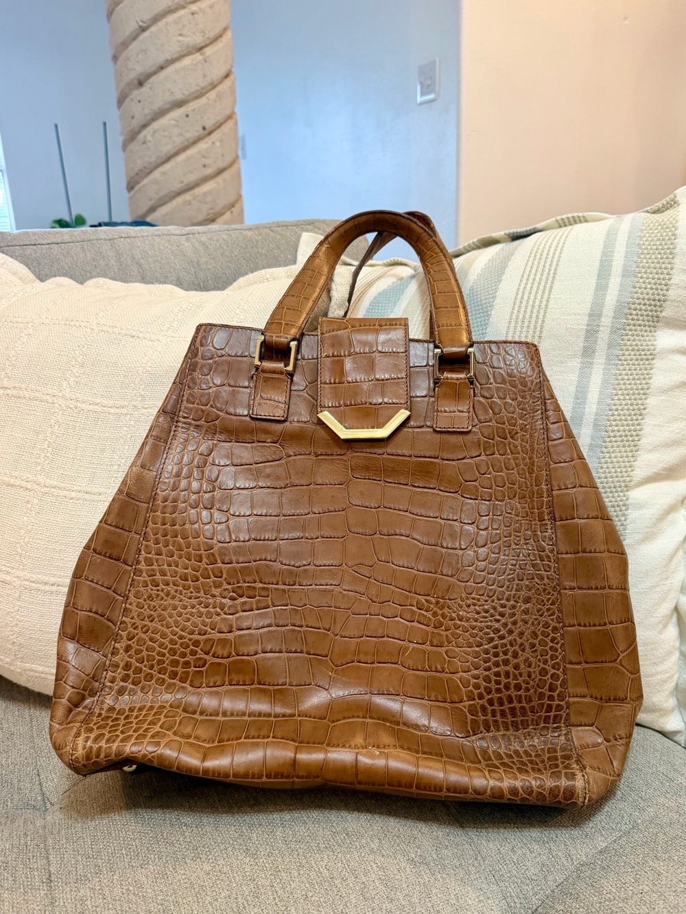 Croc Embossed Leather Flap-Over Double Handle Tote Bag